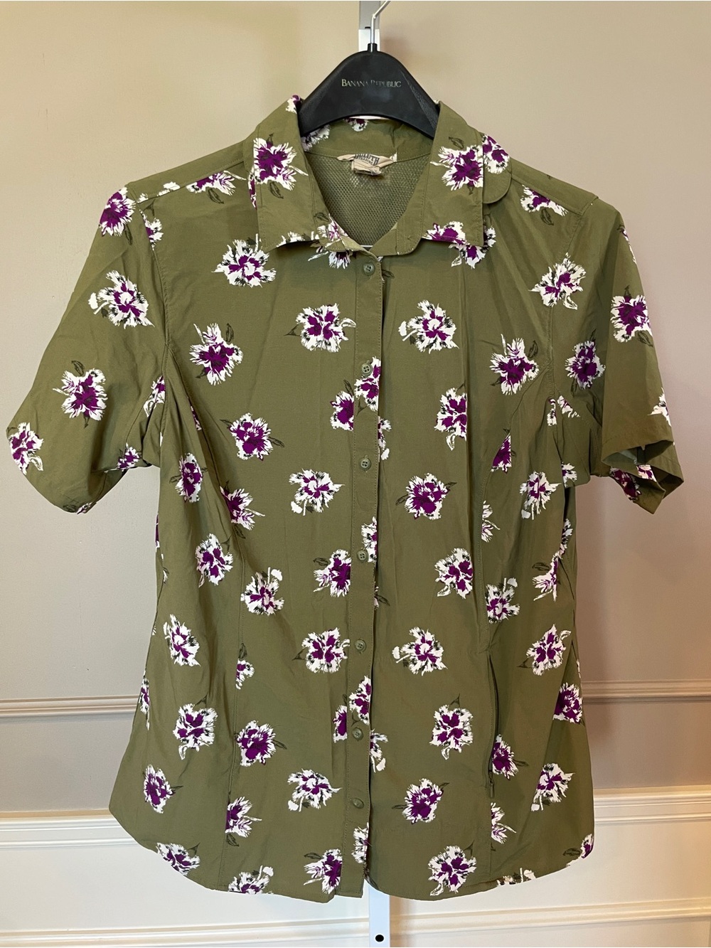 Duluth Trading Co. Women's Large Camp Shirt Button Down Olive Green Purple